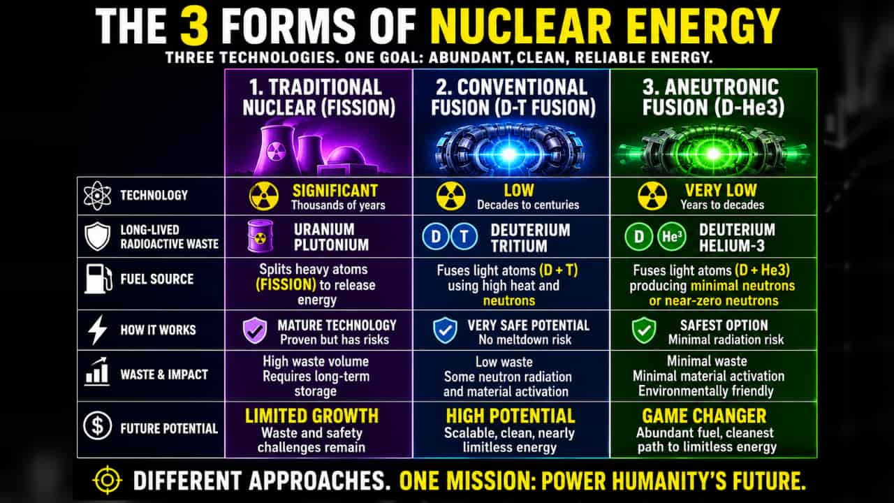 Traditional nuclear fission Conventional fusion aneutronic fusion Traditional nuclear fission Conventional fusion Aneutronic fusion